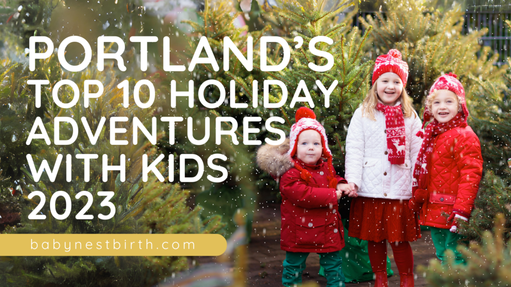 A group of children dressed in festive holiday attire eagerly await their next holiday adventure in Portland, Oregon. Their faces radiate excitement and anticipation as they stand before a backdrop decorated for the season.