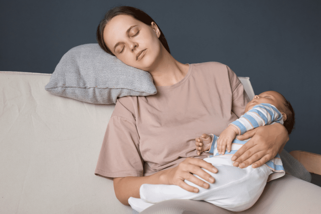 A postpartum scene with a mother and her newborn, emphasizing rest and recovery during lying-in plan.