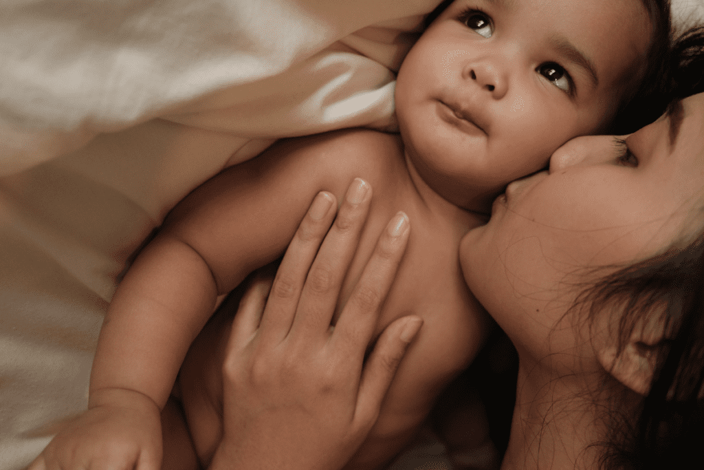 A heartwarming moment of love and connection between a mother and a child.