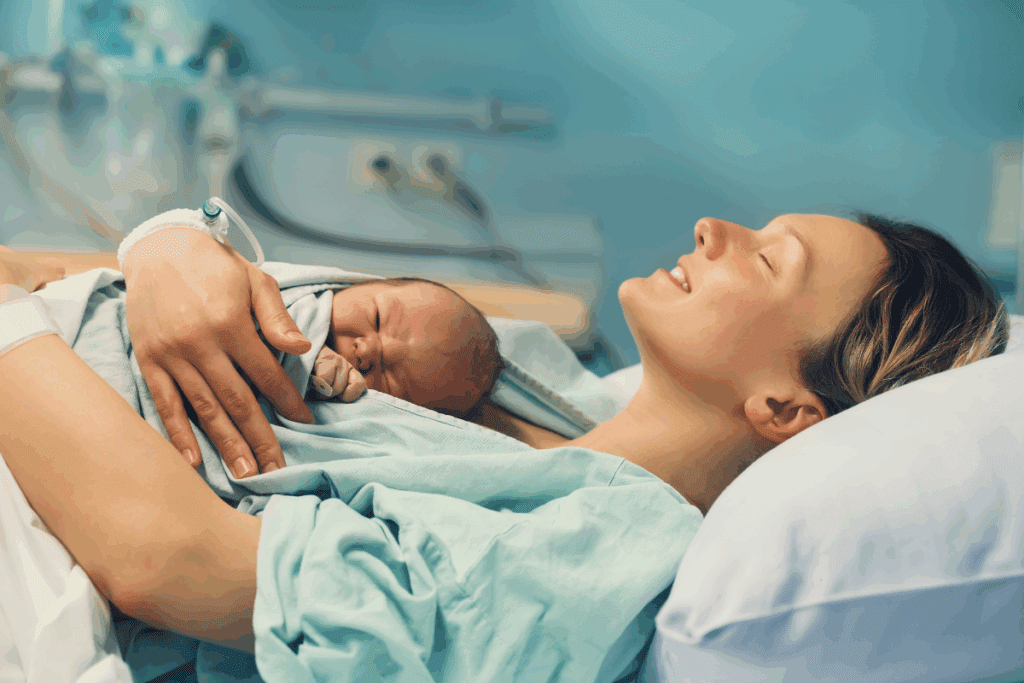 a smiling mom and newborn in a hospital bed after a positive birth in Portland oregon with her doula