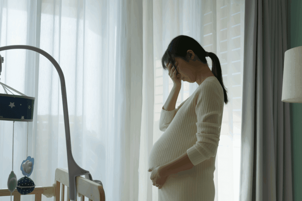 a pregnant mom struggling with anxiety and holding her forhead in stress